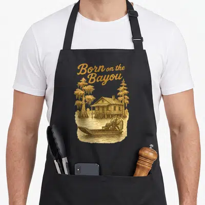 Louisiana southern aprons - Gold Born on the Bayou text above airboat, cypress trees, and stilt house scene — shown on a black cotton canvas apron against a white background