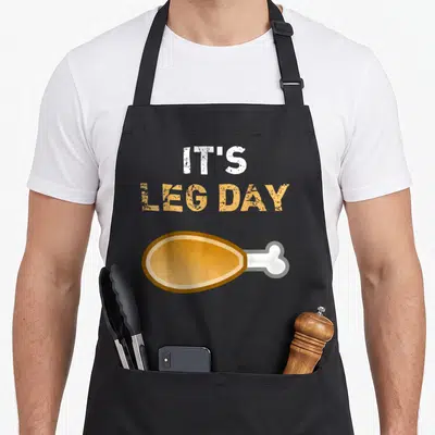 Leg thanksgiving day aprons - IT'S LEG DAY text above a cartoon orange chicken leg — shown on a black cotton canvas apron against a white background