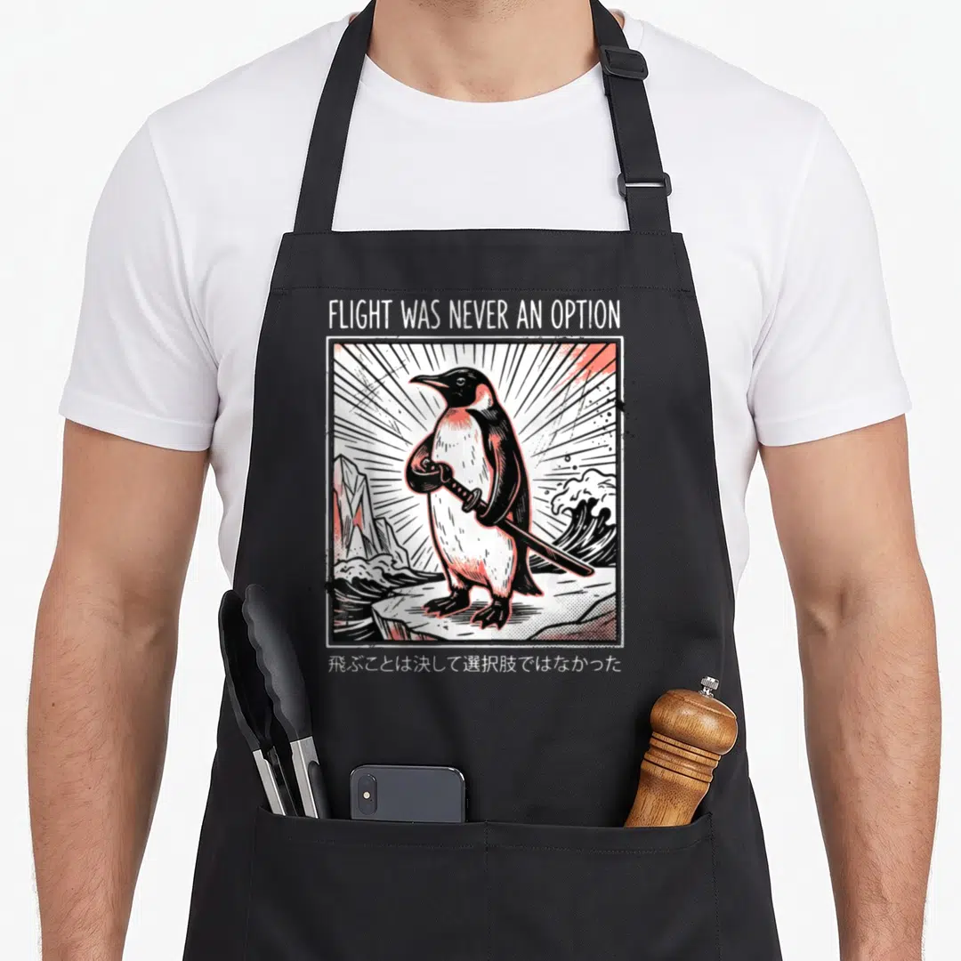 Flight never option apron - Penguin holding katana with FLIGHT WAS NEVER AN OPTION text in black white and red — shown on a black cotton canvas apron against a white background