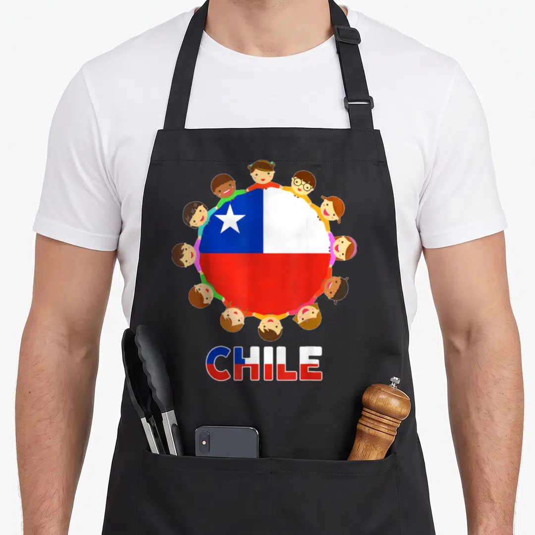 Toddler chile apron - Cartoon children holding circular Chilean flag with CHILE text below in blue white red — shown on a black cotton canvas apron against a white background