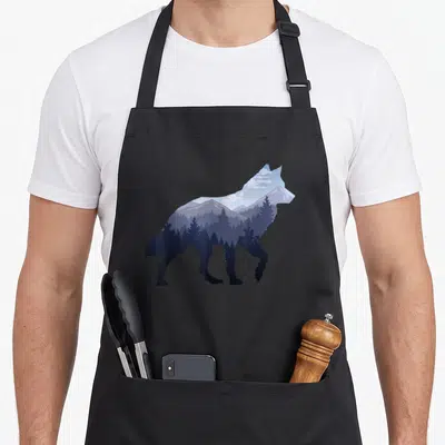 Lone mountain apron - Wolf silhouette filled with blue mountain landscape, trees, and moon in minimalist style — shown on a black cotton canvas apron against a white background