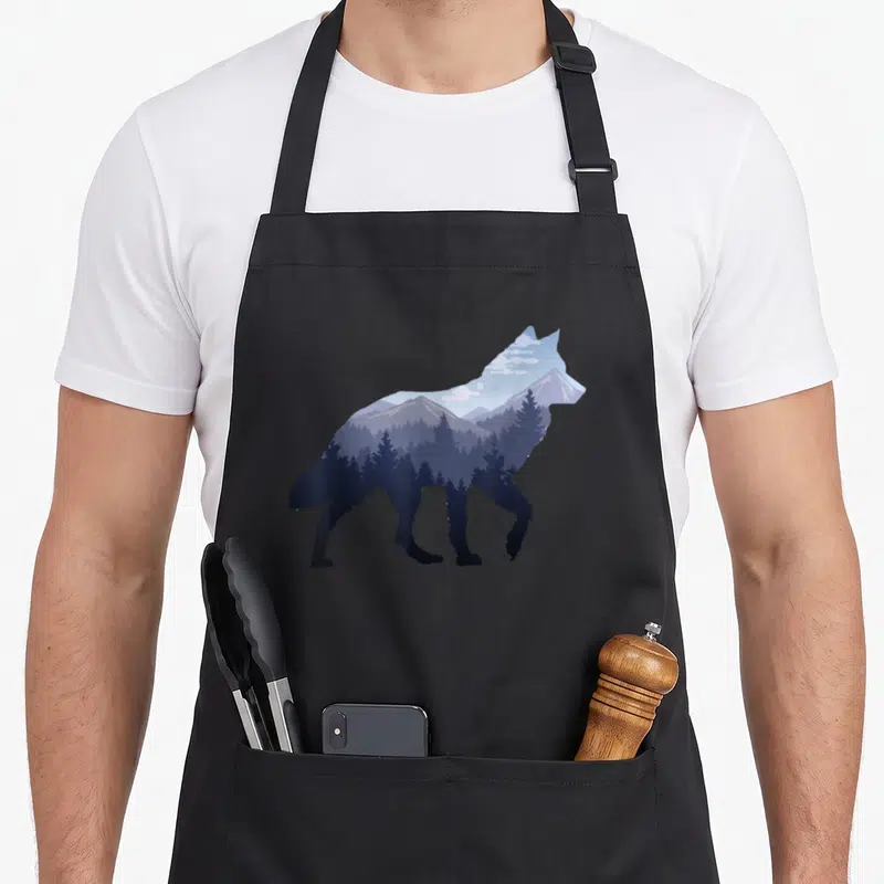 Lone mountain apron - Wolf silhouette filled with blue mountain landscape, trees, and moon in minimalist style — shown on a black cotton canvas apron against a white background