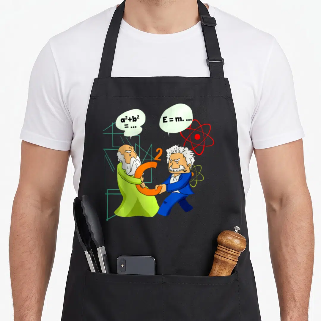 Secret science apron - Cartoon Pythagoras and Einstein holding orange number two with math formula speech bubbles — shown on a black cotton canvas apron against a white background