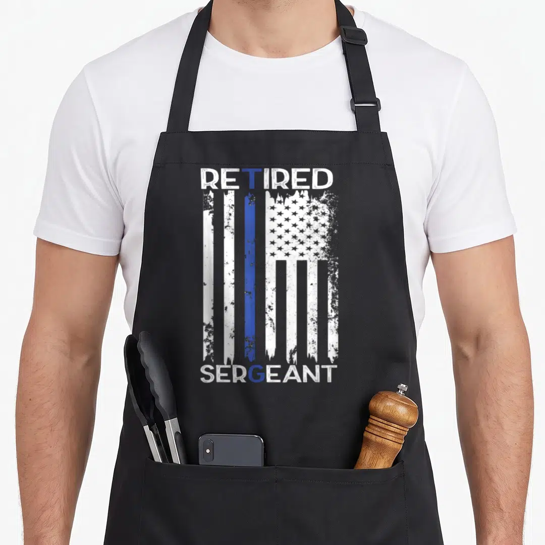 Blue line retirement apron - Retired Sergeant distressed flag with thin blue line white and blue text — shown on a black cotton canvas apron against a white background