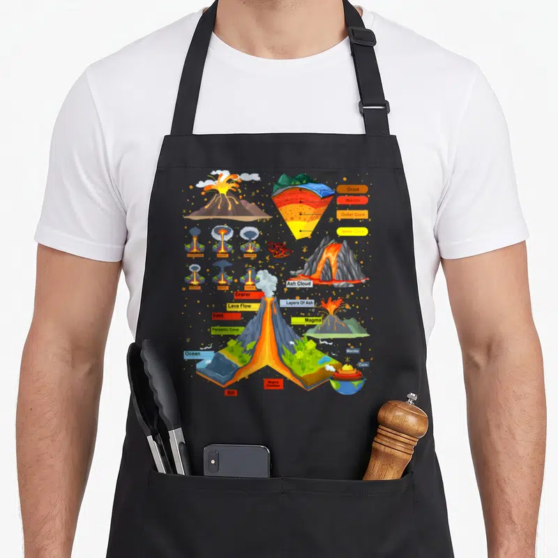 Volcano chef outfit with apron - Cartoon volcano cross-section diagram with labels for crust, mantle, magma — shown on a black cotton canvas apron against a white background