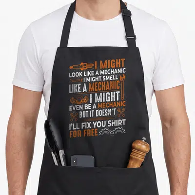 Might auto mechanic apron - Stacked orange and white text reading I might look like a mechanic with spark plug — shown on a black cotton canvas apron against a white background
