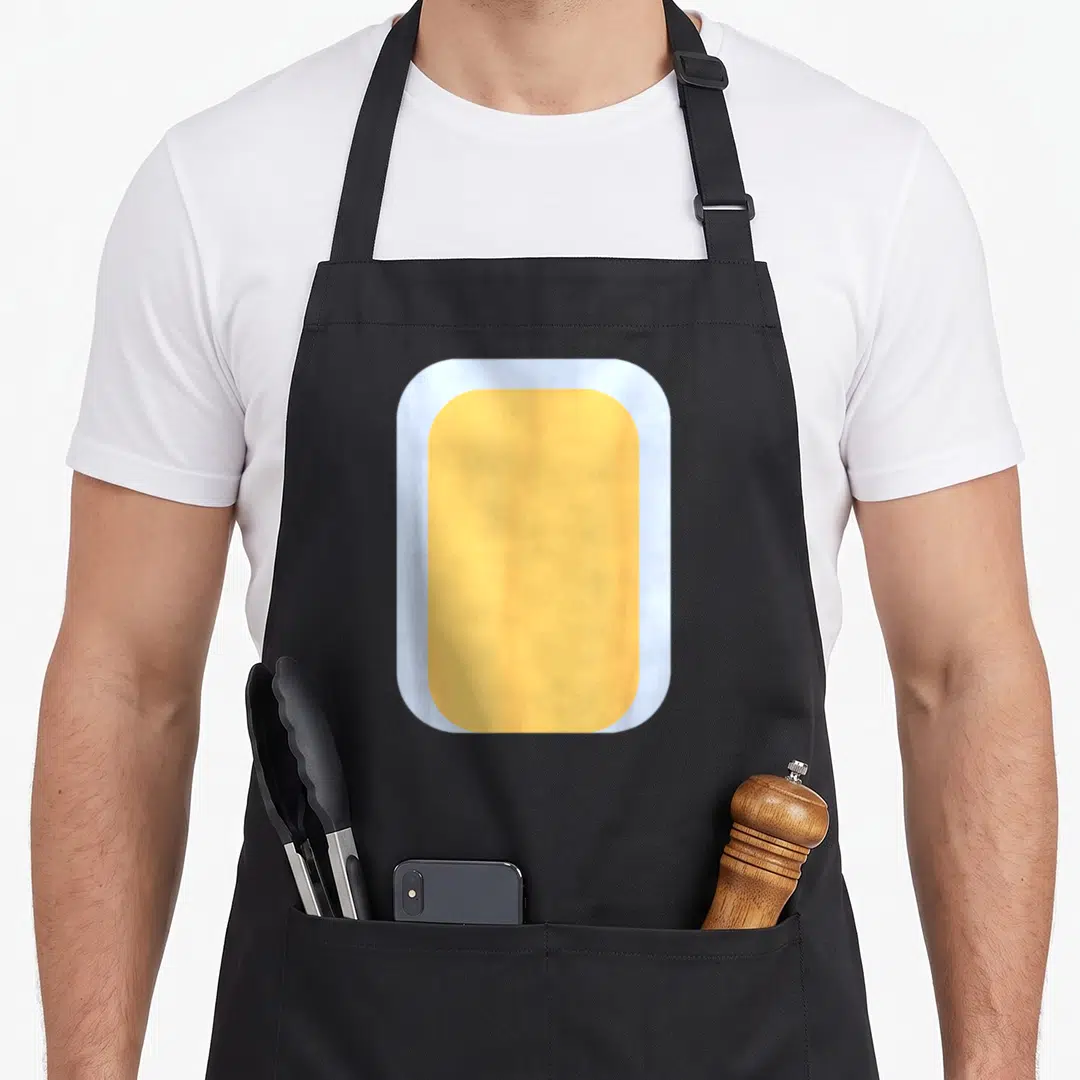 Diy dog apron - Yellow rounded rectangle centered inside a light blue rounded rectangle — shown on a black cotton canvas apron against a white background