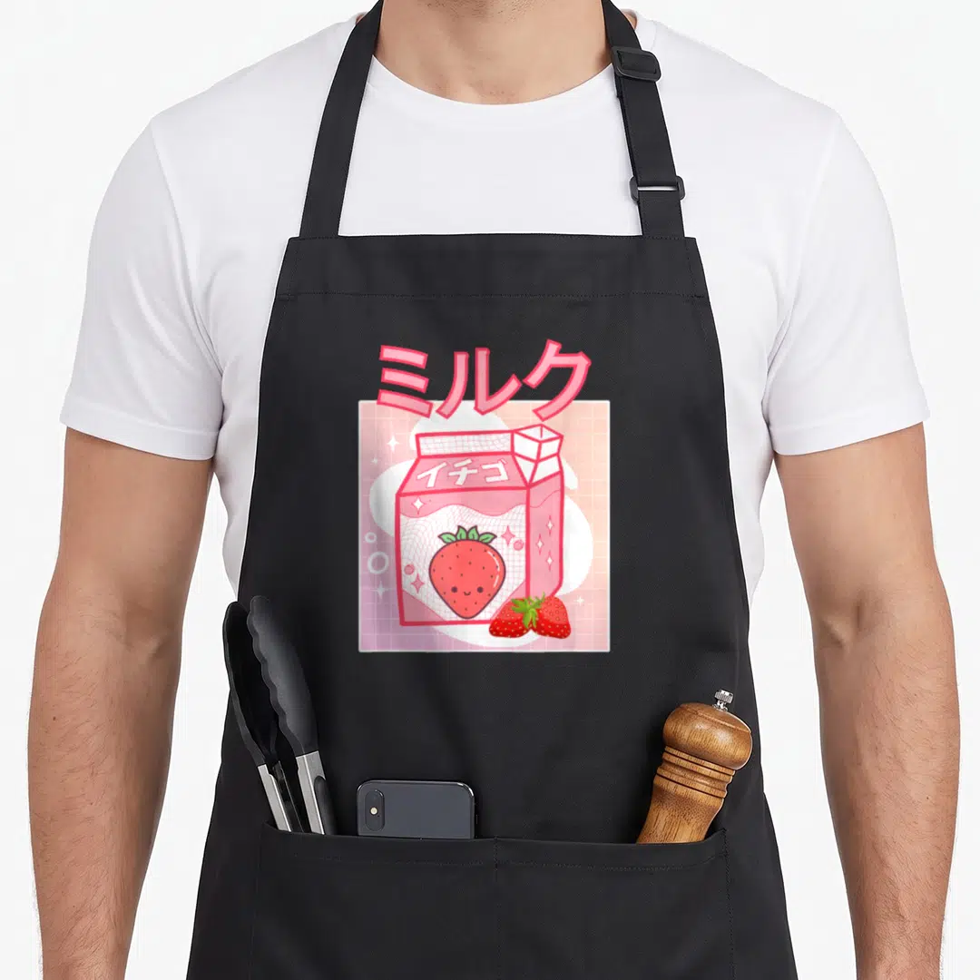 Milk strawberry apron - Pink milk carton with Japanese text and strawberries on grid background — shown on a black cotton canvas apron against a white background