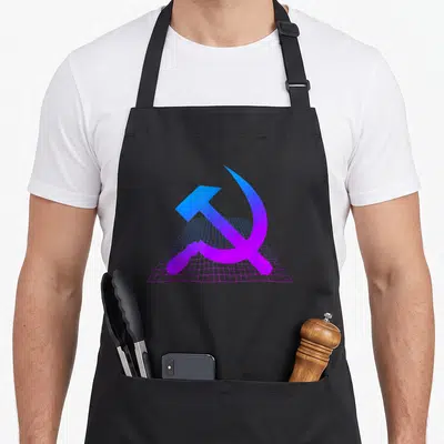 Sickle communist hammer apron - Blue and purple gradient hammer and sickle over perspective grid — shown on a black cotton canvas apron against a white background