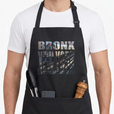 Story new york apron - Bronx New York text filled with subway train photo and tracks in grey white brown — shown on a black cotton canvas apron against a white background