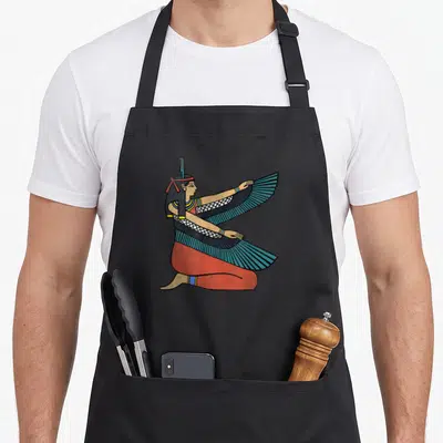 Maat egyptian apron - Winged Egyptian deity kneeling facing right in red blue black tan line art — shown on a black cotton canvas apron against a white background