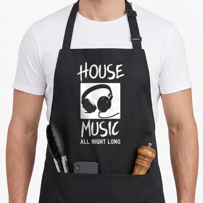 Night djing apron - White and grey house music text with headphones graphic on black bib — shown on a black cotton canvas apron against a white background