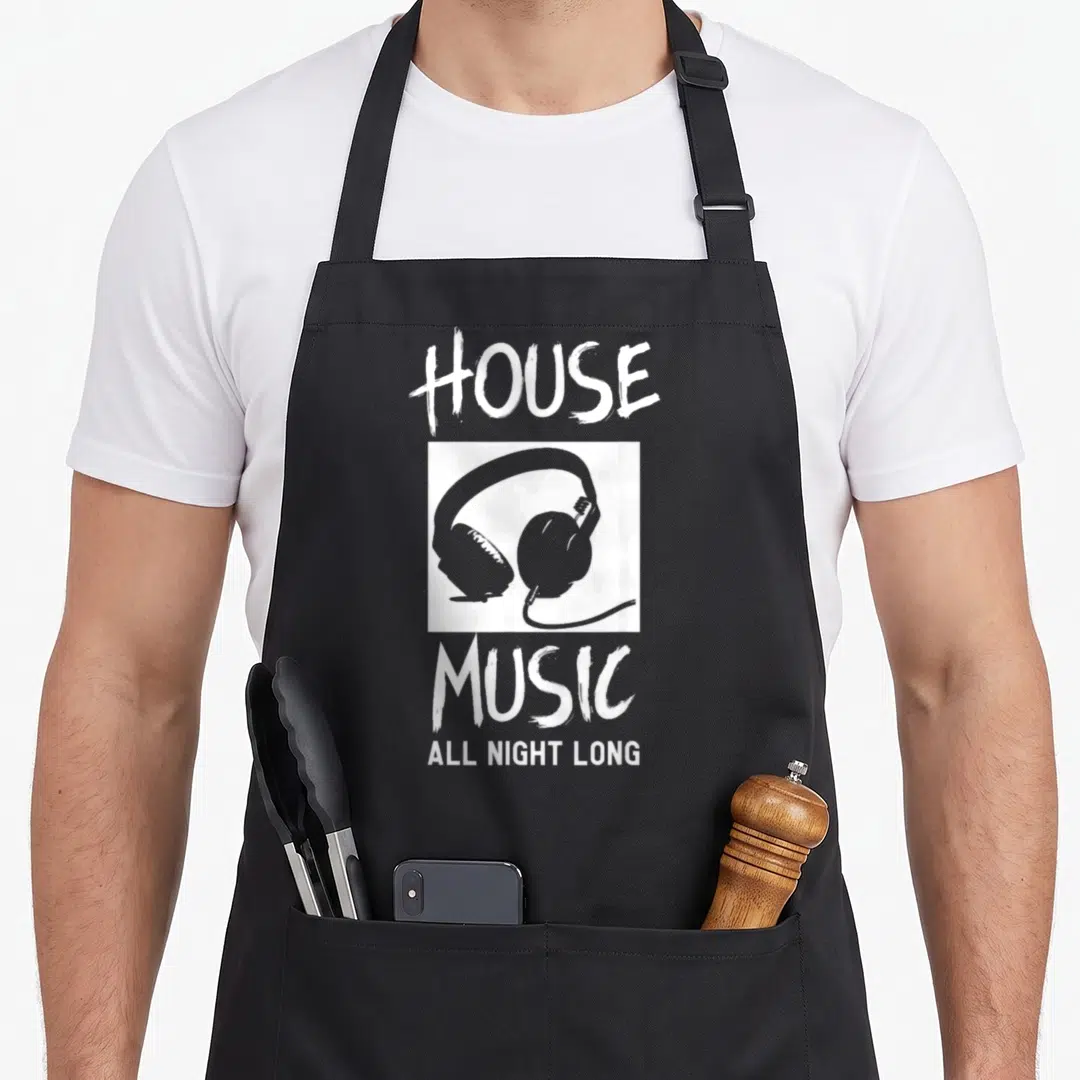 Night djing apron - White and grey house music text with headphones graphic on black bib — shown on a black cotton canvas apron against a white background
