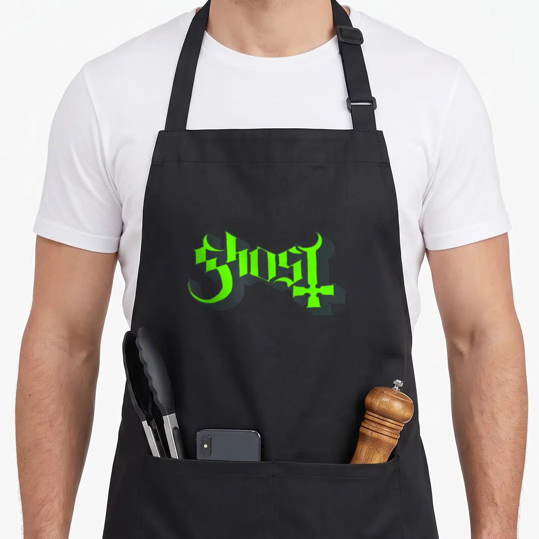 Cute ghost apron - Neon green GHOST text with black shadow in gothic font — shown on a black cotton canvas apron against a white background