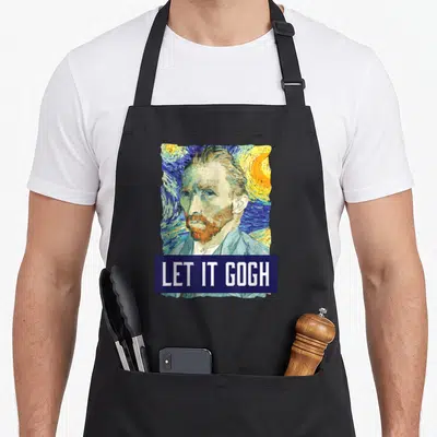 Artist van gogh apron - Cartoon Vincent van Gogh portrait with swirling sky and Let It Gogh text on blue banner — shown on a black cotton canvas apron against a white background