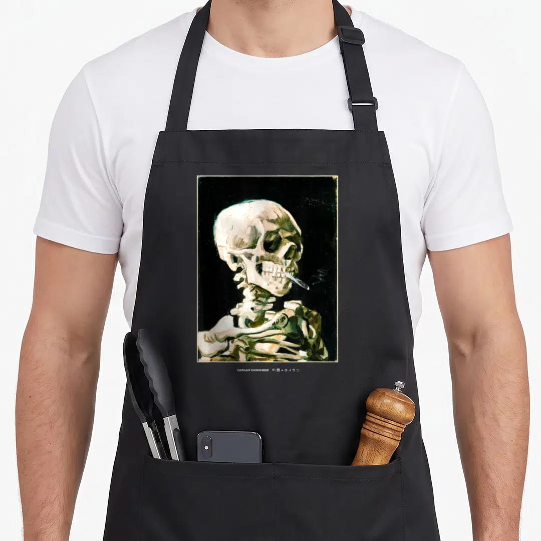 Skeleton van gogh apron - Realistic skeleton with cigarette in mouth, black background, beige and white tones — shown on a black cotton canvas apron against a white background