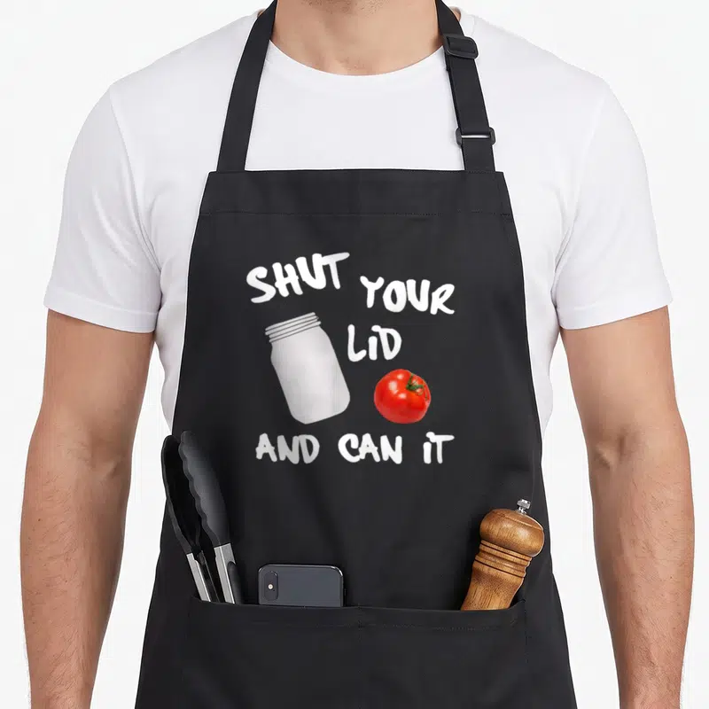 Canning food aprons - Shut your lid and can it text with white mason jar and red tomato cartoon — shown on a black cotton canvas apron against a white background