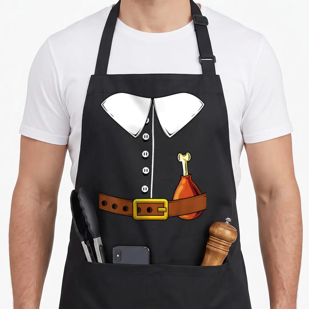 Hat thanksgiving day aprons - Cartoon white collar, brown belt, yellow buckle, and chicken leg tucked into waistband — shown on a black cotton canvas apron against a white background