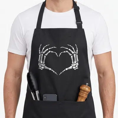 Sign skeleton apron - White skeletal hands forming a heart shape in line art on black fabric — shown on a black cotton canvas apron against a white background