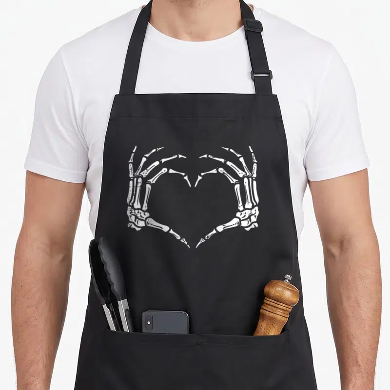 Sign skeleton apron - White skeletal hands forming a heart shape in line art on black fabric — shown on a black cotton canvas apron against a white background
