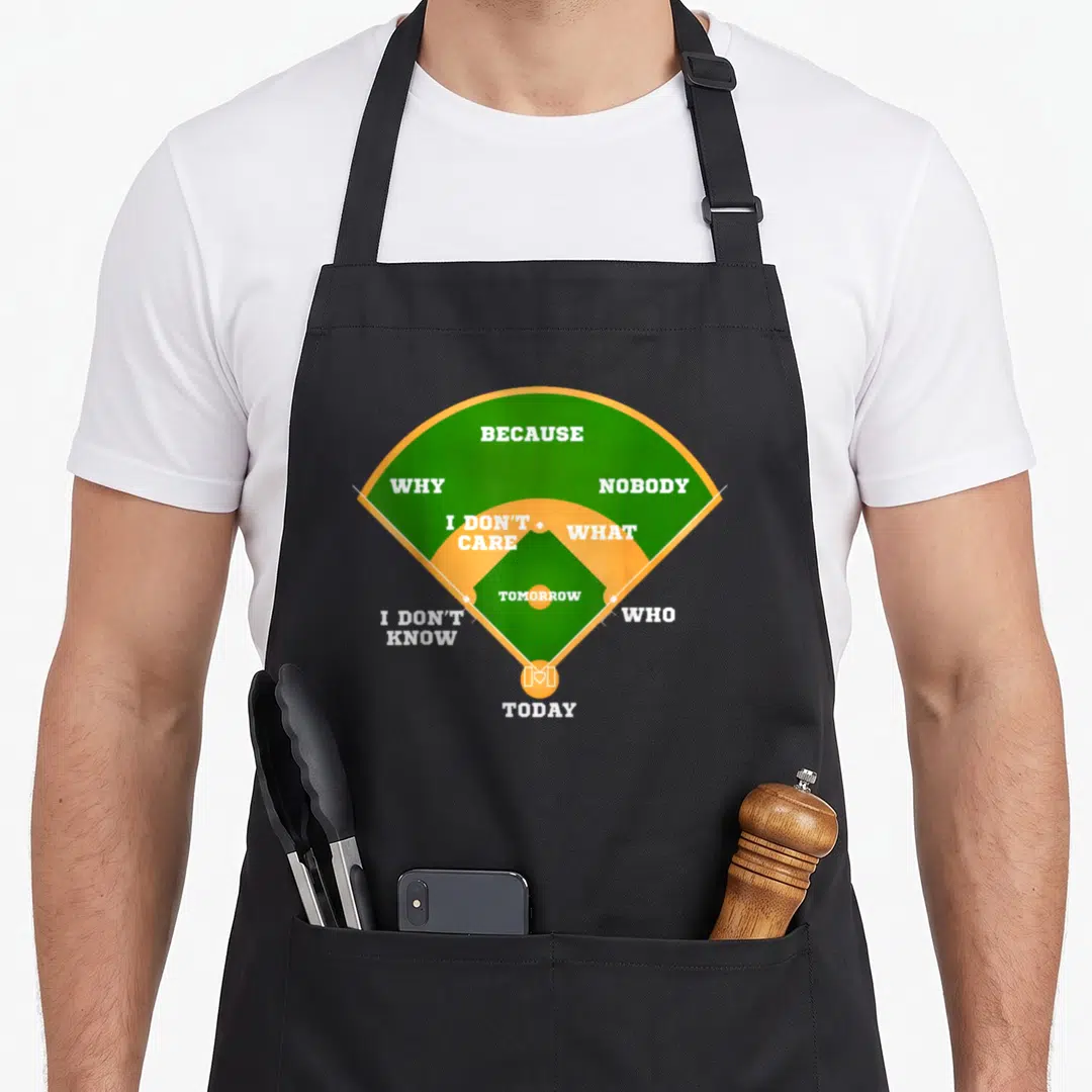 Diamond baseball apron - White text reading Because Why Nobody I Don't Care What Tomorrow I Don't Know Who Today — shown on a black cotton canvas apron against a white background