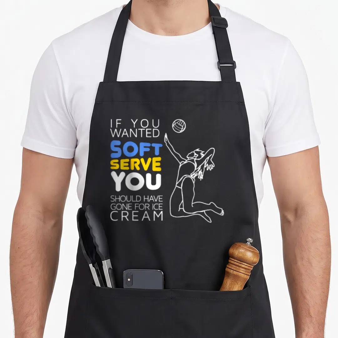 Volleyball soft serve apron - Stacked text reading If You Wanted Soft Serve You Should Have Gone For Ice Cream next — shown on a black cotton canvas apron against a white background