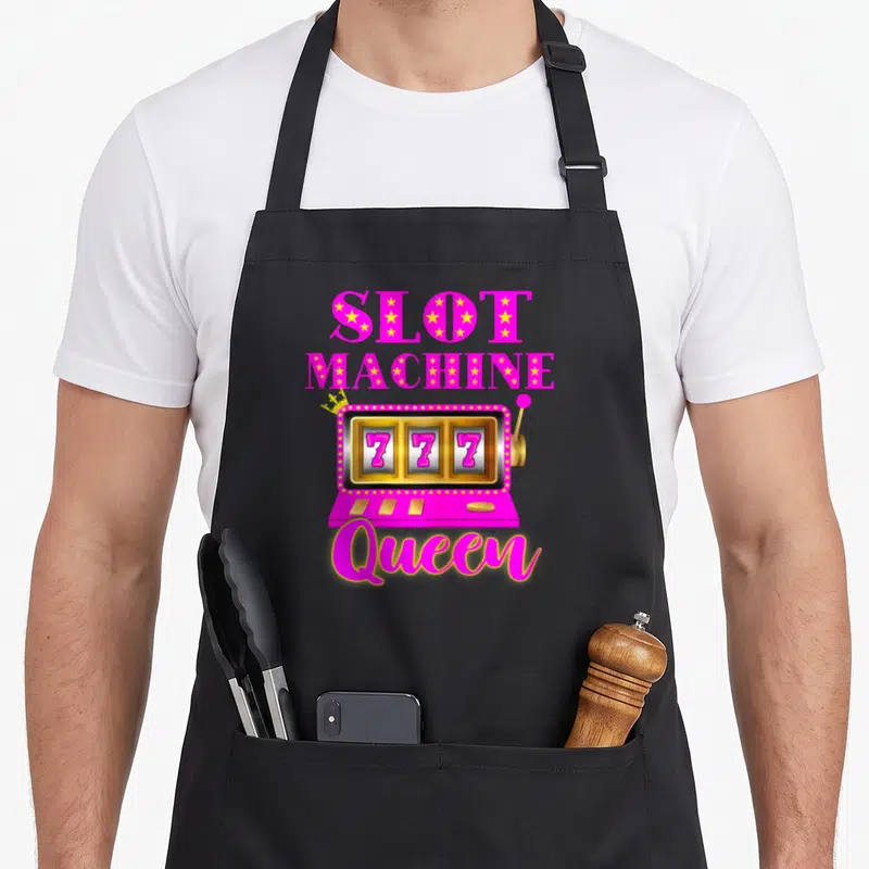 Casino machine apron - Pink SLOT MACHINE QUEEN text above a slot machine with a crown and three 7s — shown on a black cotton canvas apron against a white background
