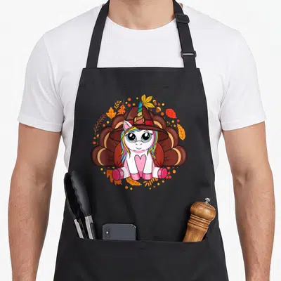Unicorn turkey apron - Cartoon unicorn in pilgrim hat with turkey tail, autumn leaves, berries, and acorns — shown on a black cotton canvas apron against a white background