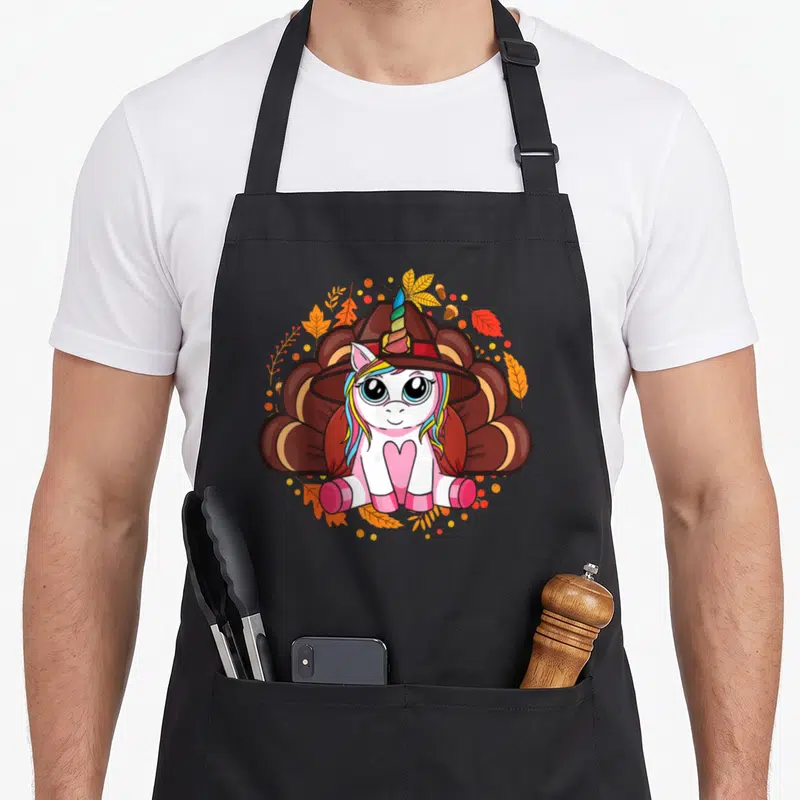 Unicorn turkey apron - Cartoon unicorn in pilgrim hat with turkey tail, autumn leaves, berries, and acorns — shown on a black cotton canvas apron against a white background