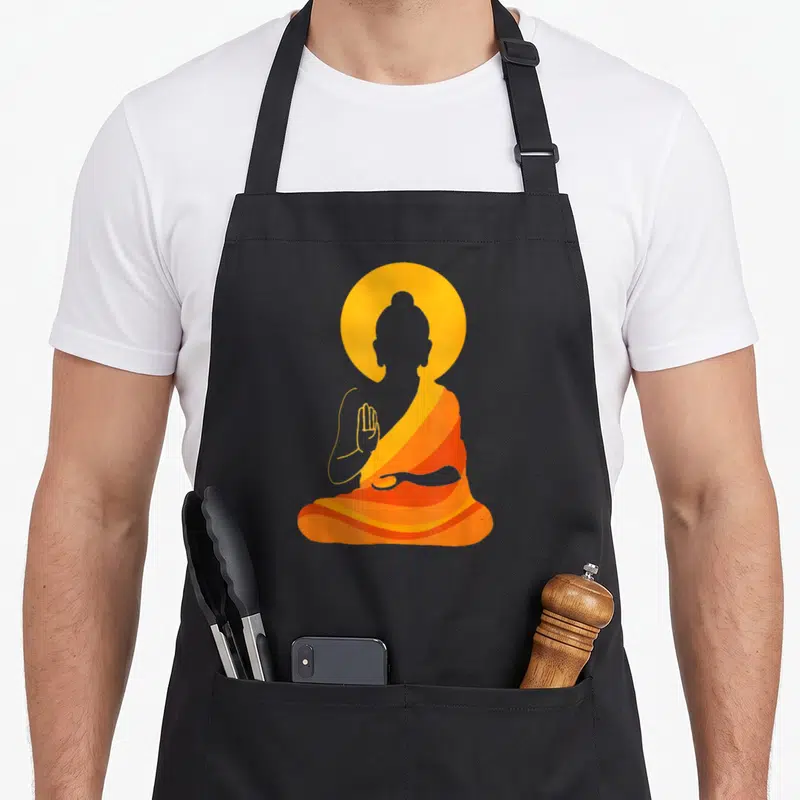 Buddha yin yoga apron - Minimalist Buddha silhouette in orange and yellow robes with circular halo behind head — shown on a black cotton canvas apron against a white background