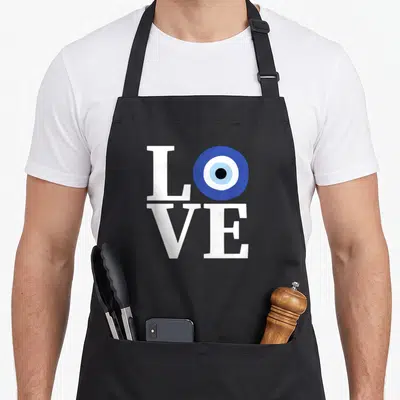 Pride evil greek aprons - White LOVE text with blue evil eye replacing O on black fabric — shown on a black cotton canvas apron against a white background