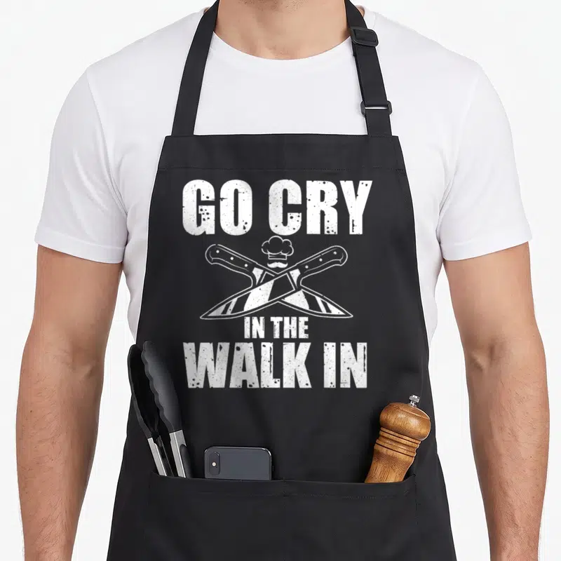 Funny culinary aprons - White distressed text Go Cry In The Walk In above crossed knives and chef hat — shown on a black cotton canvas apron against a white background