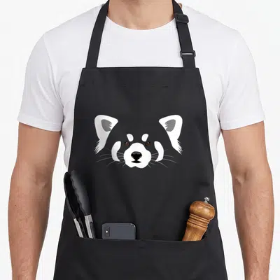 Funny panda apron - Minimalist grey white black raccoon head illustration centered on fabric — shown on a black cotton canvas apron against a white background