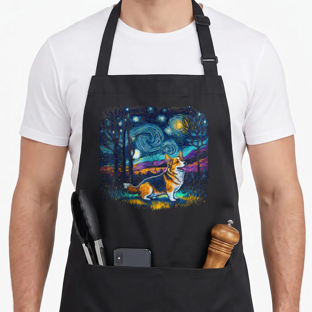 Night dog apron - Realistic corgi standing in grass under a swirling starry night sky with blue and purple hills — shown on a black cotton canvas apron against a white background