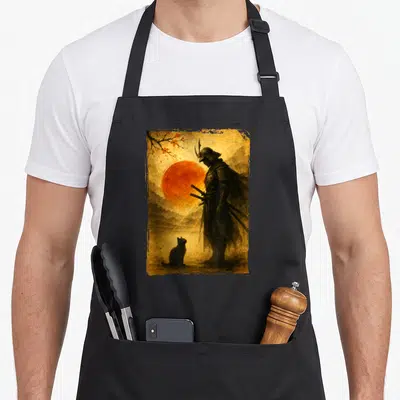 Samurai warrior cat apron - Watercolor samurai and black cat under red sun with cherry blossoms — shown on a black cotton canvas apron against a white background