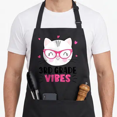 3rd cat apron - Cartoon white cat with pink glasses and hearts above 3RD GRADE VIBES text — shown on a black cotton canvas apron against a white background