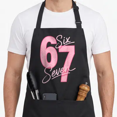 Cute six meme apron - Pink patterned numbers 6 and 7 with script words Six and Seven on black fabric — shown on a black cotton canvas apron against a white background
