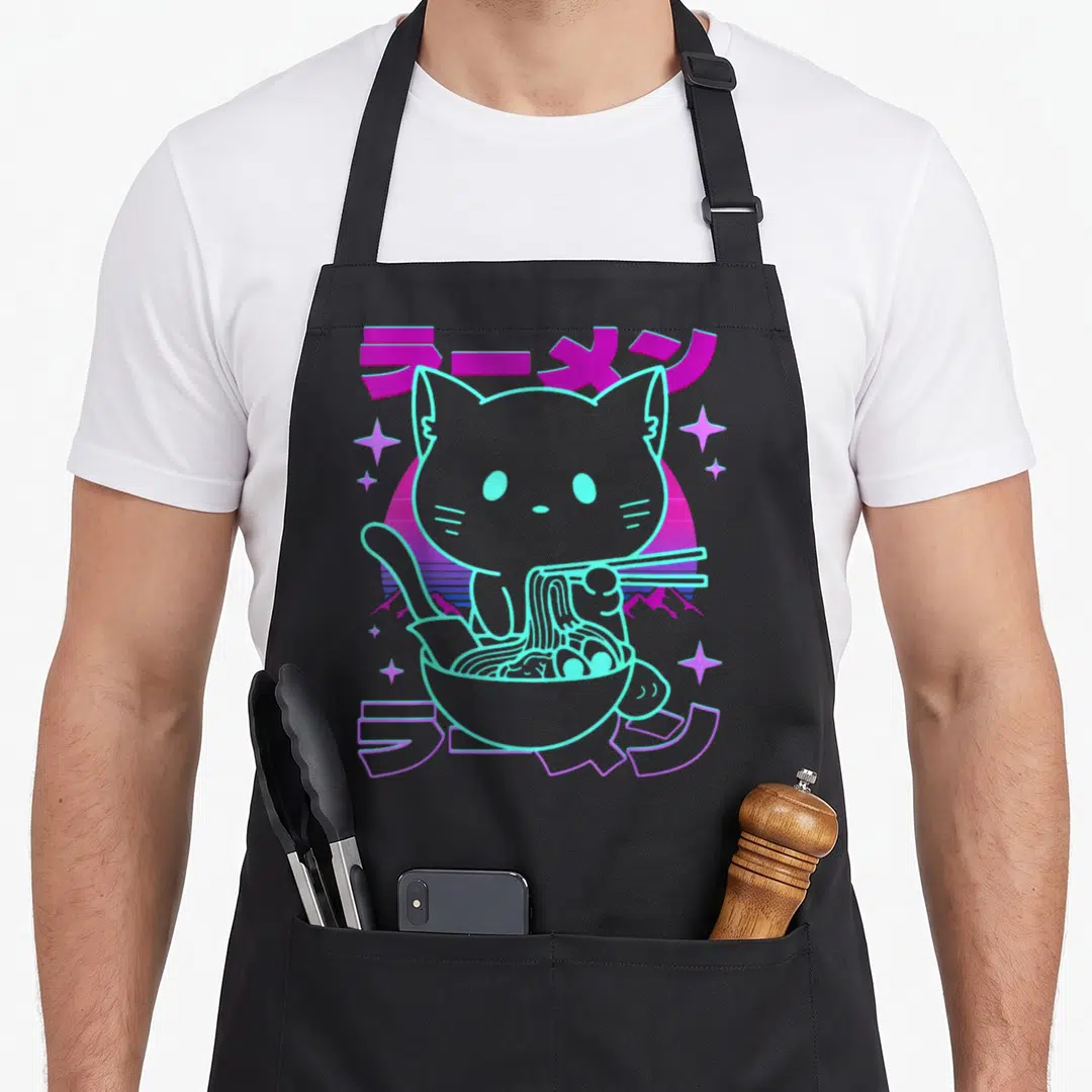 Ramen japanese cat apron - Cyan outlined cat eating ramen bowl with purple stars and Japanese text on retro background — shown on a black cotton canvas apron against a white background