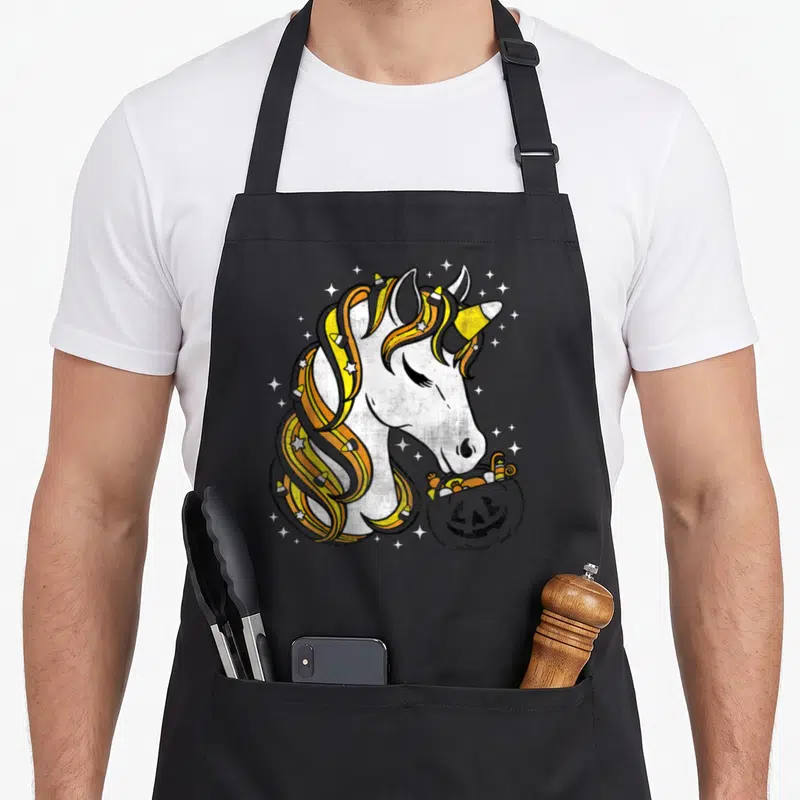 Candy corn halloween apron - Cartoon unicorn with candy corn mane holding a pumpkin candy bucket — shown on a black cotton canvas apron against a white background