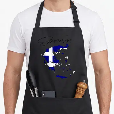 Cute greece greek aprons - Map of Greece filled with blue and white flag pattern with black script text above — shown on a black cotton canvas apron against a white background