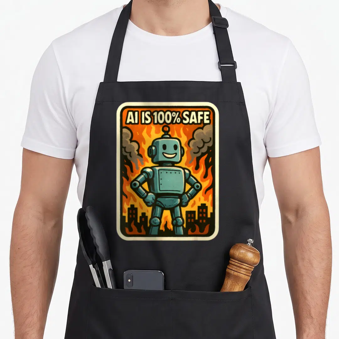 Sarcastic safe apron - Teal cartoon robot smiling in front of orange fire and burning city skyline with banner text — shown on a black cotton canvas apron against a white background