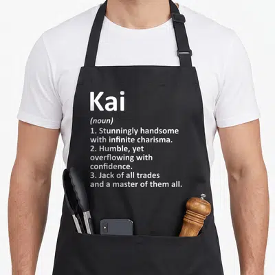 Kai father day aprons - White text defining Kai as handsome, humble, and a master of all trades on a grey background — shown on a black cotton canvas apron against a white background