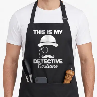 Costume detective apron - White bowler hat, monocle chain, and mustache graphic with text THIS IS MY DETECTIVE Costume — shown on a black cotton canvas apron against a white background