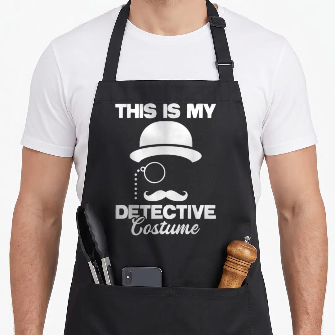 Costume detective apron - White bowler hat, monocle chain, and mustache graphic with text THIS IS MY DETECTIVE Costume — shown on a black cotton canvas apron against a white background