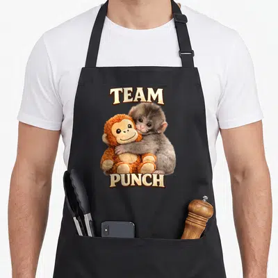 Punch monkey apron - Grey monkey hugging orange stuffed toy with team punch text — shown on a black cotton canvas apron against a white background
