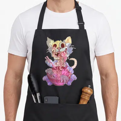Weird cat apron - Zombie cat eating ramen with human parts in pink bowl using chopsticks — shown on a black cotton canvas apron against a white background