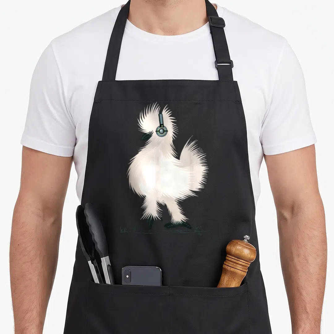 Headphone chicken apron - Fluffy white cartoon bird wearing single headphone on grass — shown on a black cotton canvas apron against a white background