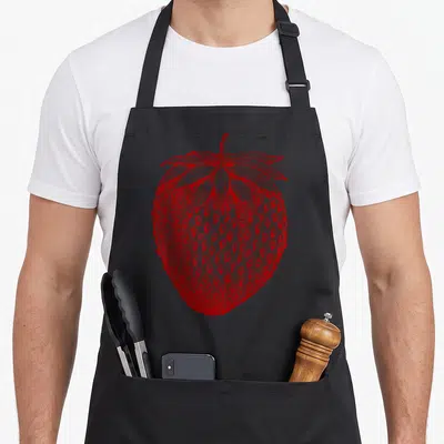 Fruit strawberry apron - Red line-art strawberry illustration centered on stiff cotton canvas with two front pockets — shown on a black cotton canvas apron against a white background