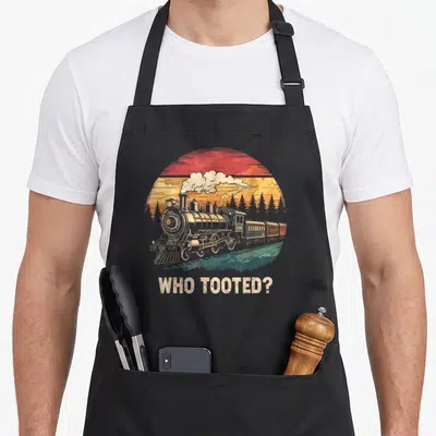 Tooted boy train apron - Retro steam train in sunset circle with text WHO TOOTED below — shown on a black cotton canvas apron against a white background