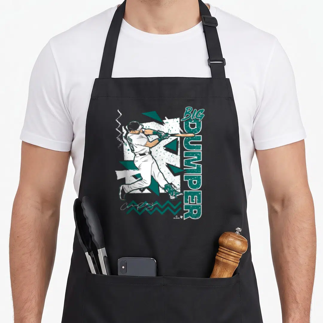 Dumper seattle apron - Vertical BIG DUMPER text beside baseball player in batting stance with green geometric shapes — shown on a black cotton canvas apron against a white background